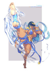 2025 arm_guards artist_name ass bikini blue_background blue_hair blue_ribbon blue_skirt border brown_eyes commentary commission dark-skinned_female dark_skin english_commentary feet foreshortening gluteal_fold gold_trim gradient_hair head_tilt headpiece highres kicking leg_up long_hair looking_ahead motion_lines multicolored_hair muscular_legs open_hand original outside_border paludron panties pantyshot rejean_dubois ribbon ribbon-trimmed_legwear ribbon_trim simple_background skirt soles standing standing_on_one_leg swimsuit tabasa_(sandstormriley) thick_thighs thighs toes underwear variant_set water