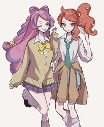 2girls bow earrings enekonoshippo27 eyeliner flower_earrings hair_ornament heart heart_hair_ornament jewelry makeup miriam_(pokemon) multiple_girls nail_polish necktie nintendo orange-tinted_eyewear orange_hair pink_eyeliner pink_hair pokemon pokemon_sv pokemon_swsh school_uniform shirt side_ponytail skirt sonia_(pokemon) striped_clothes striped_skirt sweater tinted_eyewear white_background white_shirt yellow_bow yellow_sweater