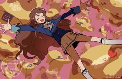 1girl :d aikatsu! aikatsu!_(series) blue_jacket blush_stickers brown_hair closed_eyes copyright_notice ebipon english_text floating_hair jacket lapels legs_apart long_hair long_sidelocks long_sleeves miniskirt notched_lapels open_mouth outstretched_arms pink_background pleated_skirt red_ribbon ribbon rii_(mrhc7482) school_uniform shibuki_ran sidelocks skirt smile socks solo spread_arms spread_fingers starlight_academy_school_uniform stuffed_animal stuffed_toy twitter_username watermark wavy_hair white_skirt white_socks