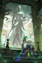 Rule 34 | 2boys, absurdres, alternate costume, artist name, asymmetrical clothes, commentary request, detached sleeves, from behind, from below, genshin impact, green hair, highres, kneeling, looking down, lutheboy, male focus, multiple boys, primordial jade winged-spear (genshin impact), shoulder spikes, single detached sleeve, spikes, stairs, statue, xiao (genshin impact), zhongli (genshin impact)