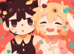 Rule 34 | 2boys, alternate costume, animal ears, basil (faraway) (omori), basil (omori), black eyes, black hair, black sweater vest, blonde hair, blush, cat boy, cat ears, closed eyes, collared shirt, double-parted bangs, highres, hishimatope, kemonomimi mode, long sleeves, multiple boys, omori, open mouth, rabbit boy, rabbit ears, shirt, short hair, short sleeves, sunny (omori), sweater vest