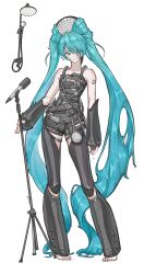1girl absurdres alternate_costume aqua_eyes aqua_hair arm_tattoo barefoot belt belt_buckle black_belt buckle clothing_request collarbone commentary contrapposto fashion fashion_style_request full_body hair_ornament hair_over_one_eye hatsune_miku highres long_hair looking_at_viewer microphone microphone_stand number_tattoo parted_lips shower_head simple_background solo tattoo twintails very_long_hair vocaloid wabao_laowusuo white_background