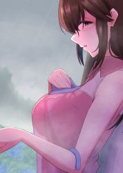 1girl :o blush bra_visible_through_clothes breasts brown_hair cloud cloudy_sky highres idolmaster idolmaster_cinderella_girls large_breasts looking_at_viewer mifune_miyu profile rain sky solo tantei001 umbrella_on_arm upper_body water_drop wet wet_clothes wet_hair wiping