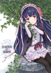 Rule 34 | 10s, 1girl, black pantyhose, blue hair, blush, commentary request, dress, female focus, flower, frills, hair flower, hair ornament, hairband, idolmaster, idolmaster cinderella girls, lolita fashion, lolita hairband, long hair, long sleeves, looking at viewer, nemeko, pantyhose, red eyes, sajo yukimi, sitting, sleeves past wrists, smile, solo, white dress