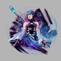 1girl anti-aqua aqua_(kingdom_hearts) black_gloves blue_hair breasts character_name commentary detached_sleeves english_text fingerless_gloves frown gloves hair_between_eyes highres kingdom_hearts kingdom_hearts_iii medium_breasts red_lips short_hair sleeveless sleeveless_turtleneck solo steadyknight turtleneck upper_body yellow_eyes