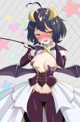 1girl absurdres bat_brooch bat_wings black_hair blush breasts bridal_gauntlets corset cross cross_facial_mark cross_pasties facial_mark forward-facing_horns highres hiiragi_utena horns magia_baiser mahou_shoujo_ni_akogarete navel nose_blush open_mouth pants pasties patato_king purple_bridal_gauntlets purple_corset purple_pants purple_pasties purple_wings riding_crop short_hair showgirl_skirt shrug_(clothing) skirt small_breasts solo white_shrug white_skirt wings yellow_eyes yellow_horns