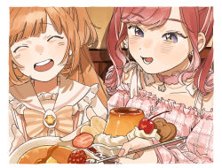 2girls border bow bowtie brooch cherry choker earrings facing_viewer flower_earrings flower_pendant food fruit heart heart_in_eye highres jewelry kirara_tamako kirara_tamako_(2nd_costume) koinko_(hunjinwashow) long_hair looking_at_another multiple_girls nail_polish nijisanji official_alternate_costume orange_hair pancake pink_choker pink_nails pudding purple_eyes red_hair saotome_berry saotome_berry_(2nd_costume) smile strawberry symbol_in_eye twintails two_side_up upper_body virtual_youtuber whipped_cream white_border