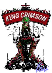 absurdres argyle character_name disembodied_eye frog full_body green_eyes highres jojo_no_kimyou_na_bouken king_crimson_(stand) kneeling kurobameiyos signature simple_background skull solo stand_(jojo) vento_aureo white_background