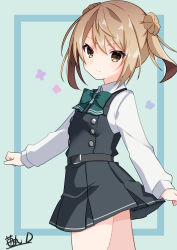 1girl absurdres belt bow bowtie brown_eyes brown_hair cowboy_shot double_bun dress green_background green_bow green_bowtie hair_bun highres ichigomaru_d kantai_collection long_sleeves michishio_(kancolle) michishio_kai_ni_(kancolle) pinafore_dress school_uniform shirt short_hair short_twintails signature sleeveless sleeveless_dress twintails white_shirt