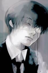1boy black_hair black_necktie black_vest collared_shirt eyepatch grey_background grey_eyes ishida_sui_(style) jobjobpooh131 kaneki_ken looking_at_viewer male_focus medical_eyepatch necktie partially_shaded_face shadow shirt short_hair simple_background solo tokyo_ghoul vest white_shirt