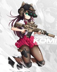 1girl animal_ear_headwear animal_ears assault_rifle battle_rifle black_hair black_headwear black_shoes bow bowtie character_name closed_mouth collared_shirt combat_helmet commentary ear_protection english_commentary extended_magazine fake_animal_ears full_body gun handgun helmet highres holding holding_gun holding_weapon holster holstered jestami knee_pads komi-san_wa_komyushou_desu komi_shouko loafers long_hair looking_at_viewer night_vision_device pantyhose pink_bow pink_bowtie pink_skirt purple_eyes rifle scope shirt shirt_tucked_in shoes short_sleeves sig_mcx sig_sauer sig_sauer_p320 signature skirt solo suppressor thigh_holster trigger_discipline weapon weapon_name white_background white_shirt zoom_layer