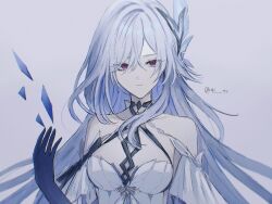 1girl 41_tr broken_glass collar crystal_shards dress genshin_impact glass grey_hair hair_ornament highres long_hair object_floating_above_hand purple_hands red_eyes skirk_(genshin_impact) solo twitter_username upper_body white_dress