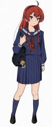 Rule 34 | 1girl, ahoge, alternate costume, bag, bag charm, blue sailor collar, blue serafuku, blue socks, character charm, charm (object), contemporary, eris greyrat, full body, hairband, highres, kneehighs, loafers, long hair, long sleeves, mushoku tensei, neckerchief, nyus0721, pleated skirt, red eyes, red hair, red neckerchief, rudeus greyrat, sailor collar, school bag, school uniform, serafuku, shirt, shoes, shoulder bag, sidelocks, simple background, skirt, socks, solo, standing, white background