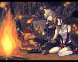 1990s_(style) 1boy 1girl 234_(1234!) animal bad_id bad_pixiv_id black_hair black_skirt blonde_hair bonfire boots cloud_strife copyright_name cosmo_canyon closed_eyes final_fantasy final_fantasy_vii fingerless_gloves fire gloves green_eyes ladder crossed_legs long_hair miniskirt red_footwear red_gloves red_xiii retro_artstyle scar shoes sitting skirt sleeping smile spiked_hair tifa_lockhart v_arms wariza