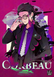 1boy adjusting_eyewear arm_up artist_name bilingual_commentary black-framed_eyewear black_coat black_hair black_pants closed_mouth coat collared_shirt commentary corbeau_(pokemon) cropped_legs frown hand_in_pocket highres lapels layered_sleeves long_sleeves looking_at_viewer male_focus meme_(artist) mixed-language_commentary necktie nintendo pants parted_hair pokemon pokemon_legends:_z-a purple_shirt round_eyewear shirt shirt_tucked_in short_hair sideburns solo tassel white_necktie wing_collar yellow_eyes
