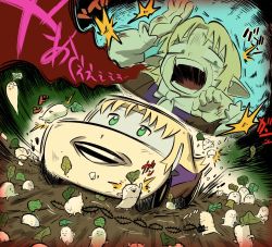 1girl blonde_hair car cars_(movie) commentary_request cookie_(touhou) daikon dirt giving_up_the_ghost green_eyes highres joker_(cookie) mizuhashi_parsee motor_vehicle open_mouth pointy_ears radish reu_daikon scared scarf shitsumin short_hair spikes touhou upper_body white_scarf