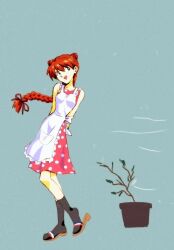 amondetauro apron black_socks blue_background braid breasts dress full_body long_hair neon_genesis_evangelion neon_genesis_evangelion:_iron_maiden official_alternate_costume official_alternate_hairstyle orange_hair plant polka_dot polka_dot_dress potted_plant red_dress sandals simple_background small_breasts smile socks souryuu_asuka_langley standing white_apron