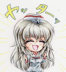Rule 34 | 1girl, black hat, black jacket, chibi, closed eyes, garrison cap, girls und panzer, grey hair, happy, hat, highres, itsumi erika, jacket, kuromorimine military uniform, long hair, ntscd4cq2dgekz9, open mouth, pnz, smile