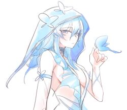 1girl armlet blue_butterfly blue_eyes blue_hair blue_veil breasts bug butterfly butterfly_on_hand commentary_request dress insect jewelry long_hair looking_at_viewer medium_breasts parted_lips shorekeeper_(wuthering_waves) simple_background sketch sleeveless sleeveless_dress solo starblame upper_body veil w white_background white_dress wuthering_waves