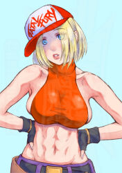 1girl abs armpits bare_shoulders belt blonde_hair blue_eyes blue_mary bob_cut breasts crop_top delarocha82 fatal_fury fingerless_gloves gloves large_breasts looking_at_viewer midriff multiple_belts muscular muscular_female navel pants parted_hair shirt short_hair sleeveless sleeveless_turtleneck snk solo the_king_of_fighters tight_top turtleneck