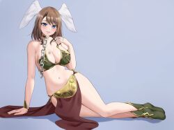 1girl absurdres amayo_thranana ankle_boots blue_eyes blush boots breast_tattoo breasts brown_hair chain cleavage commentary cosplay english_commentary eunie_(xenoblade) green_boots grey_background head_wings highres huttslayer_leia huttslayer_leia_(cosplay) large_breasts long_hair looking_at_viewer medium_hair navel pelvic_curtain princess_leia princess_leia_(cosplay) second-party_source simple_background slave smile solo star_wars stomach tattoo thighs white_wings wings xenoblade_chronicles_(series) xenoblade_chronicles_3