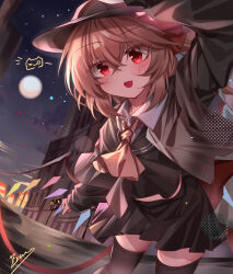 1girl :d absurdres alternate_costume ascot black_hat black_sailor_collar black_serafuku black_shirt black_skirt black_thighhighs blonde_hair bow building chinese_commentary cloud cloudy_sky collared_shirt commentary_request cropped_shirt crossed_bangs crystal_wings fang flandre_scarlet floating_clothes full_moon hair_between_eyes hair_bow hat highres lamppost leaning_forward light_blush long_hair looking_at_viewer midriff_peek moon night night_sky one_side_up open_mouth outdoors outstretched_arm pleated_skirt red_bow red_eyes sailor_collar school_uniform selfie serafuku shirt sidelocks signature skin_fang skirt sky smile solo standing star_(sky) thighhighs top-exerou touhou trilby white_shirt yellow_ascot