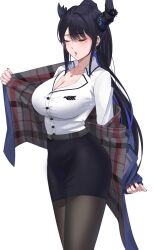 1girl absurdres asymmetrical_horns black_hair black_horns black_pantyhose black_skirt blue_hair blue_jacket breasts chantu_irasu cleavage closed_eyes colored_inner_hair earrings flower highres hololive hololive_english horn_flower horns jacket jewelry large_breasts miniskirt multicolored_hair nail_polish necklace nerissa_ravencroft nerissa_ravencroft_(casual) office_lady official_alternate_costume official_alternate_hairstyle open_mouth pantyhose pencil_skirt ponytail removing_jacket shirt simple_background skirt solo virtual_youtuber white_background white_shirt