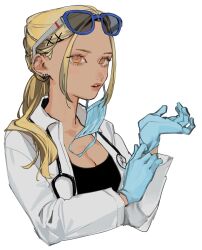 1girl absurdres adjusting_clothes adjusting_gloves barbell_piercing blonde_hair blue_gloves blue_mask breasts cleavage commentary_request cropped_torso ear_piercing earrings eyewear_on_head gloves highres industrial_piercing jewelry kaminari_qpi long_hair long_sleeves looking_at_viewer mask mouth_mask open_clothes orange_eyes parted_lips piercing rubber_gloves simple_background solo stethoscope sunglasses surgical_mask unworn_mask virtual_youtuber vspo! white_background zoramaruta