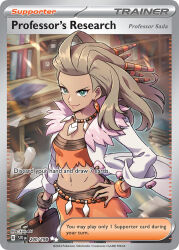 1girl artist_name bead_necklace beads book bookshelf bracelet brown_hair card_(medium) character_name closed_mouth company_name copyright_name copyright_notice desk earrings english_text eyelashes green_eyes hand_on_own_hip holding holding_book indoors jacket jewelry kirisaki_(gin16k) lab_coat long_hair long_sleeves midriff nail_polish navel necklace nintendo official_art open_clothes open_jacket orange_nails orange_shirt orange_shorts paper pink_lips pokemon pokemon_card pokemon_sv pokemon_tcg professor_sada shirt shorts smile solo third-party_source trading_card v-shaped_eyebrows white_jacket