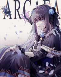 1girl arcaea black_bow black_bowtie black_capelet black_hair black_skirt blue_corset blue_eyes bow bowtie capelet center_frills commentary copyright_name corset elicooc english_commentary falling_petals feet_out_of_frame flower frilled_wrist_cuffs frills hair_bow hair_flower hair_intakes hair_ornament highres knees_up long_hair long_sleeves looking_at_viewer parted_lips petals pleated_capelet shirt sidelocks sitting skirt solo tairitsu_(arcaea) tairitsu_(grievous_lady)_(arcaea) very_long_hair white_shirt wrist_cuffs