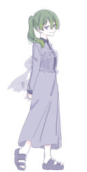1girl absurdres arms_behind_back black_sandals closed_mouth dress green_hair grey_dress hair_between_eyes highres long_hair long_sleeves own_hands_together purple_eyes sandals seila_rei side_ponytail simple_background sleeves_past_wrists smile solo sousou_no_frieren ubel_(sousou_no_frieren) walking white_background