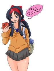 1girl alternate_hairstyle arm_behind_back backpack bag blue_eyes blue_hair breasts cellphone hair_ribbon half-closed_eyes highres japanese_text legs long_hair low_twintails nakoruru open_mouth phone ribbon samurai_spirits school_uniform skirt small_breasts smartphone snk sweater teeth the_king_of_fighters thighs tongue translation_request twintails
