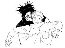 2boys arms_up bags_under_eyes choso_(jujutsu_kaisen) closed_mouth commentary cropped_torso double_bun drawstring facial_mark frown greyscale hair_bun hug hug_from_behind itadori_yuuji jujutsu_kaisen long_sleeves looking_at_viewer male_focus monochrome multiple_boys nervous_sweating short_hair simple_background smile sweat sweatdrop symbol-only_commentary white_background wide_sleeves yi_(826805607)