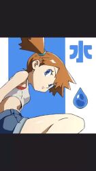 1girl animated asymmetrical_hair badge blue_eyes breasts crop_top denim denim_shorts gen_1_pokemon gym_leader hair_between_eyes looking_at_viewer midriff misty_(pokemon) navel nintendo orange_hair pants pokemon pokemon_lgpe ponytail rio_chico_art shirt short_hair short_shorts shorts side_ponytail simple_background sleeveless sleeveless_shirt smile solo suspenders tagme tank_top video white_background white_shirt
