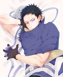 Rule 34 | 1boy, black hair, lying, male focus, mask, multicolored skin, muscular, muscular male, naruto (series), naruto shippuuden, red eyes, rinnegan, scar, scar on face, short hair, solo, spiked hair, torn clothes, two-tone skin, uchiha obito, unworn mask, vosovic
