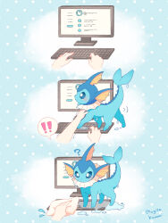 Rule 34 | !, 1other, ?, artist name, blue background, blue eyes, bright pupils, commentary request, computer keyboard, disembodied hand, flying sweatdrops, gen 1 pokemon, highres, monitor, mugita konomi, nintendo, pokemon, pokemon (creature), polka dot, polka dot background, spoken exclamation mark, vaporeon, wet, white pupils