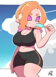Rule 34 | 1girl, black shorts, black sports bra, breasts, cleavage, cloud, collarbone, contrail, drill hair, food, gradient hair, highres, holding, holding food, holding popsicle, ice cream, large breasts, long hair, looking to the side, miyazero, multicolored hair, navel, nintendo, octoling, octoling girl, octoling player character, octopus girl, orange hair, pink eyes, pink hair, pointy ears, popsicle, shorts, sky, splatoon (series), sports bra, standing, suction cups, summer, sweat, tentacle hair, two-tone hair, wide hips
