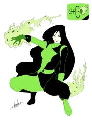 Rule 34 | 1girl, 2015, black bodysuit, black boots, black hair, bodysuit, boots, breasts, character name, flaming hand, full body, green bodysuit, green boots, ittoku art, kim possible (series), long hair, medium breasts, pale skin, shego, signature, smile, solo, squatting, two-tone bodysuit, white background