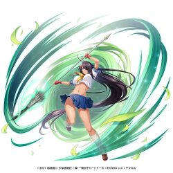 1girl blue_eyes breasts hair_over_one_eye ikkitousen kamihime_project_r kan&#039;u_unchou large_breasts long_hair midriff navel official_art panties skirt solo underwear