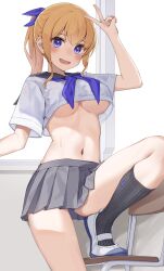 1girl absurdres black_sailor_collar black_socks blonde_hair blue_bow blue_eyes blue_neckerchief blush bow breasts cropped_shirt embarrassed feet_on_chair grey_skirt hair_between_eyes hair_bow hand_up highres indoors kopaka_(karda_nui) large_breasts leg_up looking_at_viewer medium_breasts microskirt midriff navel neckerchief nervous_smile open_mouth original pleated_skirt ponytail sailor_collar shirt shoes short_sleeves sidelocks skirt smile socks solo stomach tearing_up thighs underboob uwabaki v wavy_mouth white_shirt white_shoes window