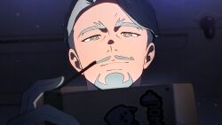 1boy beard blurry blurry_background challia_bull choco_(chocovix112) commentary_request depth_of_field facial_hair gloves grey_eyes grey_hair gundam gundam_gquuuuuux hand_up highres holding indoors male_focus mustache solo thick_eyebrows upper_body white_gloves