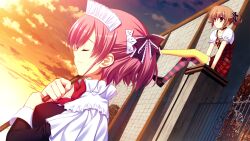 2girls asymmetrical_legwear black_bow black_choker black_dress black_shoes bow bowtie breasts broom brown_hair choker closed_eyes closed_mouth cloud concrete_wall dress dutch_angle frilled_bow frills from_side fumio_(ura_fmo) game_cg gate grisaia_(series) grisaia_no_rakuen hair_bow holding holding_broom irisu_makina komine_sachi large_breasts loafers maid maid_headdress mismatched_legwear multiple_girls non-web_source official_art outdoors pink_hair plaid_clothes plaid_dress profile puffy_short_sleeves puffy_sleeves red_bow red_bowtie red_dress red_eyes shoes short_hair short_sleeves sitting_on_wall sky smile striped_clothes striped_thighhighs sunset thighhighs yellow_theme