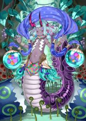 Rule 34 | 1girl, aqua hair, bangle, bracelet, breast curtains, breasts, closed mouth, colored eyelashes, colored skin, dot mouth, earrings, eggshell, fate/grand order, fate (series), floating hair, full body, game cg, gold armlet, hagoromo, hands up, honjou raita, horns, ibuki douji (fate), ibuki douji (first ascension) (fate), jewelry, lamia, looking at viewer, low-tied sidelocks, magatama, medium hair, monster girl, multicolored hair, navel, official art, outstretched arms, pink eyes, pink hair, pink horns, pointy ears, purple skin, purple tail, shawl, shide, sidelocks, small breasts, solo, stomach, third-party source, two-tone hair