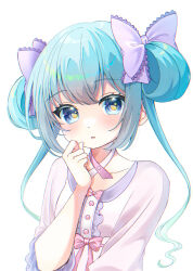 1girl blue_eyes blush bow choker collarbone dress hair_bow hand_up highres looking_at_viewer ongeki pink_bow sakuranoron shirt solo striped_clothes striped_dress striped_shirt suzushima_arisu twintails upper_body vertical-striped_clothes vertical-striped_dress vertical-striped_shirt white_background