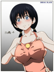 &gt;:( 1girl apron awa black_hair blue_eyes blush break_blade breast_hold breasts cleo_saubraffe copyright_name female_focus frown large_breasts long_hair low_twintails naked_apron sideboob solo translation_request twintails v-shaped_eyebrows