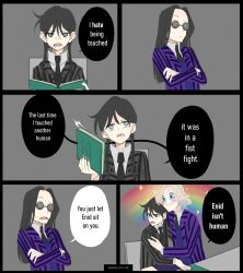Rule 34 | 3girls, absurdres, addams family, black hair, blonde hair, book, braid, comic, english text, enid sinclair, highres, knaito, long hair, multiple girls, nail polish, nevermore academy school uniform, rainbow, school uniform, sitting, sitting on person, sunglasses, twin braids, wednesday (netflix), wednesday addams, yoko tanaka (wednesday)