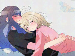 ... 2girls adversarial_noise azusawa_kohane black_hair black_shirt blue_hair blush brown_hair closed_eyes closed_mouth cuddling ear_blush gradient_hair grey_background hands_on_another&#039;s_waist highres lilyburglar long_hair lying_on_person multicolored_hair multiple_girls nervous_sweating pink_shirt project_sekai reference_inset shiraishi_an shirt short_sleeves smile spoken_ellipsis sweat yuri