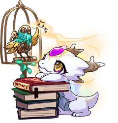 birdcage book book_stack butterfly_wings cage dragon dragon_village_(series) dragon_village_collection game_cg insect_wings lowres metis_(dragon_village) metis_(winter_snowflake)_(dragon_village) music no_humans non-humanoid_robot official_art purple_eyes robot robot_animal robot_bird singing symbol-shaped_pupils third-party_source transparent_background wings