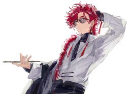 1boy arm_behind_head black_pants braid curly_hair earrings jewelry long_hair long_sleeves open_mouth pants red_eyes red_hair shiguang_dailiren shirt smoking sorry_okk sunglasses white_background white_shirt xiao_weiying