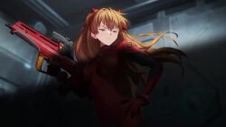 1girl animated assault_rifle blue_eyes bodysuit bouncing_breasts breasts bullpup crossover curvy goddess_of_victory:_nikke bad_tag gun hair_ribbon hand_on_own_hip holding holding_gun holding_weapon interface_headset_(evangelion) long_hair looking_to_the_side mecha_pilot_suit medium_breasts neon_genesis_evangelion official_art orange_hair plugsuit_(evangelion) rebuild_of_evangelion red_bodysuit red_ribbon ribbon rifle shiny_clothes skin_tight souryuu_asuka_langley standing tagme twintails video weapon wide_hips